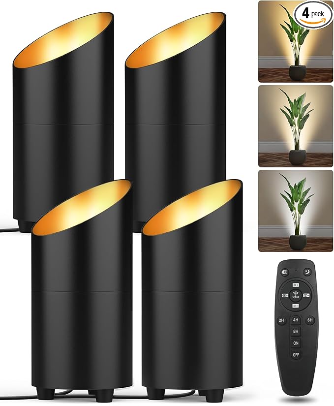 4 Pack Uplighting Indoor, LED Floor Can Lights with Remote and Timer, 3 Color Temps Dimmable Spotlight for Corner Sofa Plant Home Accent Lighting, 5.9 FT Plug Cord & Foot Switch, Black
