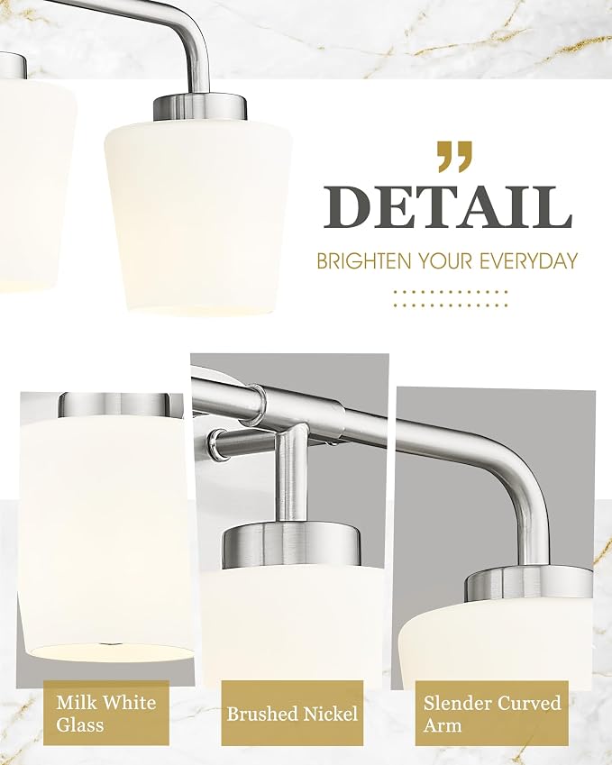 4-Light Brushed Nickel Bathroom Light Fixtures Over Mirror | Vanity Lighting Fixtures with Milk White Glass, Vintage Farmhouse Wall Sconces Lighting, AD-22004-4W-SN