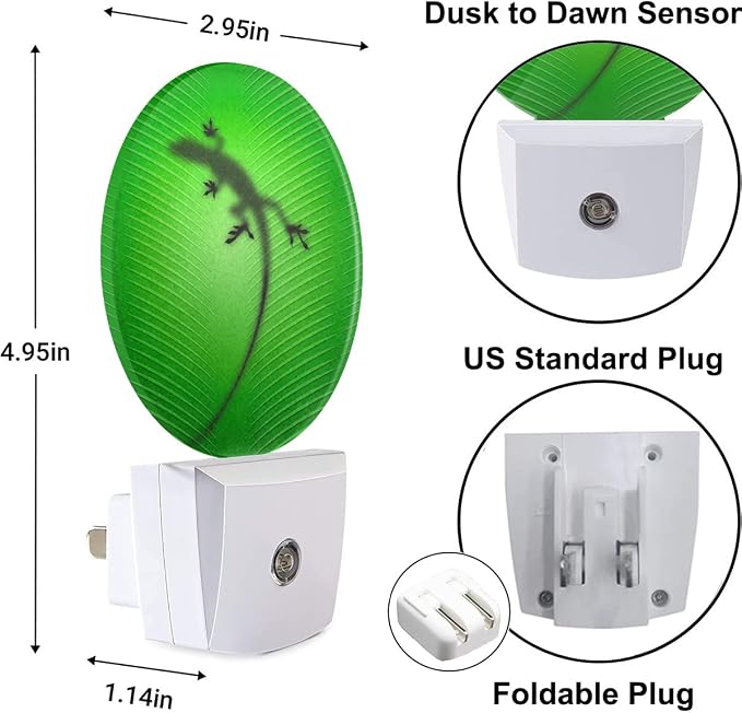 Gecko Lizard Night Lights Plug into Wall Silhouette of Lizard Behind Green Leaf LED Dusk to Dawn Plug-in Nightlight Auto Sensor for Bedroom Bathroom Hallway Living Room