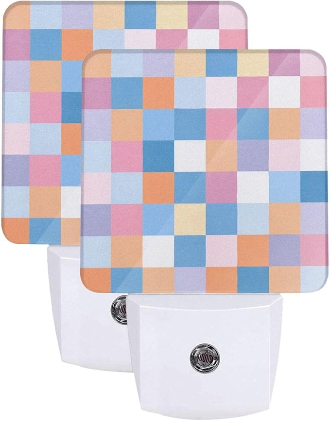 Colorful Checkered LED Plug-in Night Light 2-Pack, Auto Sensor Wood Print Nightlights Set of 2 for Bedroom Bathroom Stairs