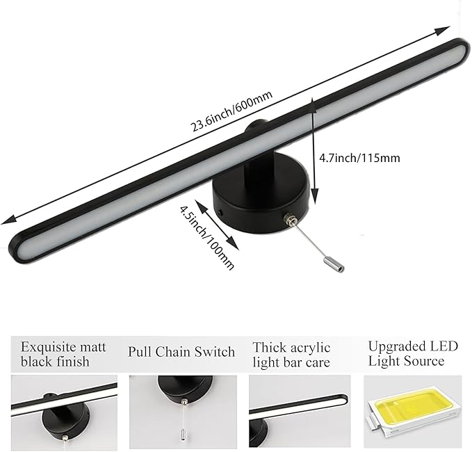 24 Inch LED Vanity Light Bar, Modern Black Bathroom Vanity Light Fixture，Over Mirror sconces Wall Lighting, Wall Light Bar with 3000K/4000K/5000K Dimmable Pull Chain Switch On/Off