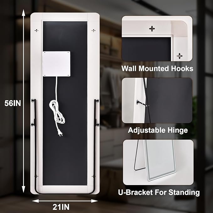 Easly 21"x56" Rectangular Full Length Mirror with LED Lights, Standing or Wall-Mounted Full Body Mirror with Stand, Dimmable 3-Color Lighted Floor Mirror for Bedroom, Dressing Room, Cloakroom
