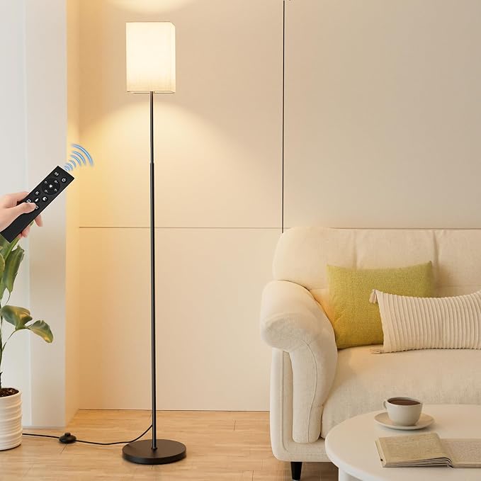 63.8" Square Floor Lamp with White Linen Shade | Dimmable Standing Lamp, Remote & Foot Switch, 3 Color Temperatures, 9W LED Bulb Included, for Living Room, Bedroom & Office