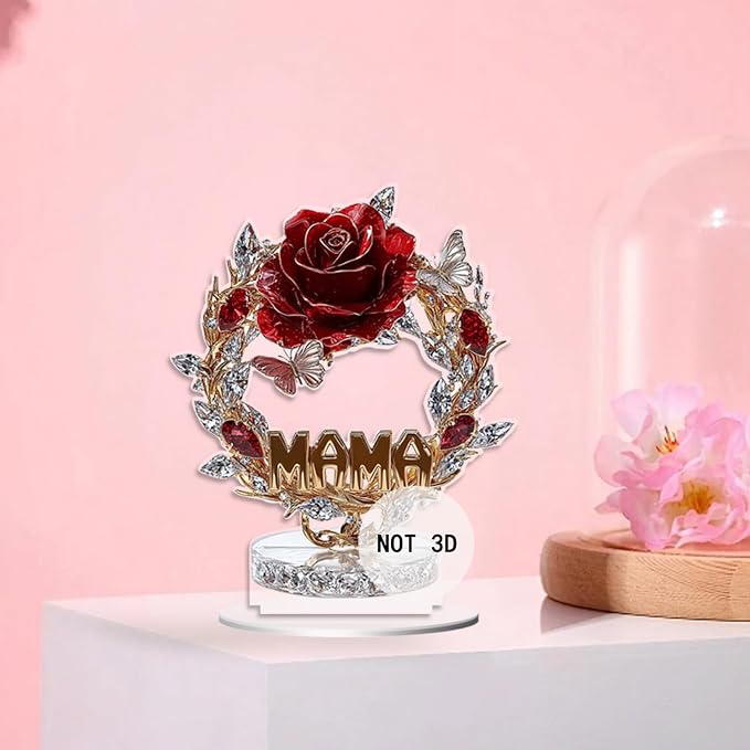 Rose Flower Ornament Acrylic DIY Crafts Mothers Day 2D Flat Rose Wreath Tabletop Present Butterfly Pattern Desktop Ornament for Home Decoration Gifts