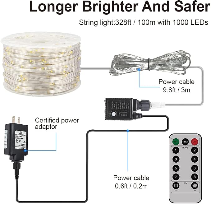 Ultra Long LED String Lights - 328ft 1000LEDs 8 Modes Dimmable Fairy Lights, Waterproof UL Listed Plug Copper Wire with Clear Casing and Remote Control for Room, Patio, Wedding, Party (Upgraded)