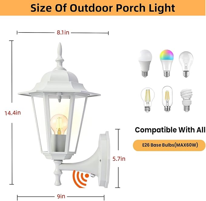 14.4"H Dusk to Dawn Outdoor Wall Light, White Exterior Garage Lighting Fixtures, Outdoor Porch Light Wall Mount, Modern Outside Wall Lantern Sconce Sensor Dusk Dawn Light for House, 1 Pack, E26 Base