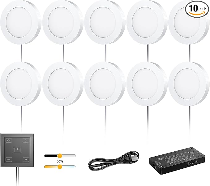 VST Under Cabinet Lights CCT 3000K-6000K, Puck Lights Color Temperature and Brightness Adjustable with Touch Switch and ETL Listed Led Driver, Plug in Led Light for Kitchen Under Cabinet 10pack