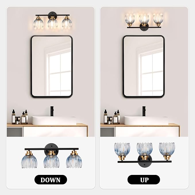 TALOYA Black Gold 3-Light Bathroom Vanity Light with Blue Tulip Glass Shade | Modern Vanity Lighting Fixtures, Bathroom Lights Over Mirror, Wall Mount Mirror Light Fixtures for Bathroom Hallway Bedroom