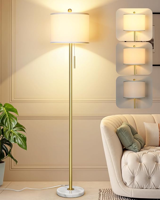 Qingmiao 【Upgraded】 Dimmable Gold Floor Lamps for Living Room, 63in Modern Standing Lamp with Marble Base, Tall Pole Light with White Linen Shade for Bedroom Reading Office Corner