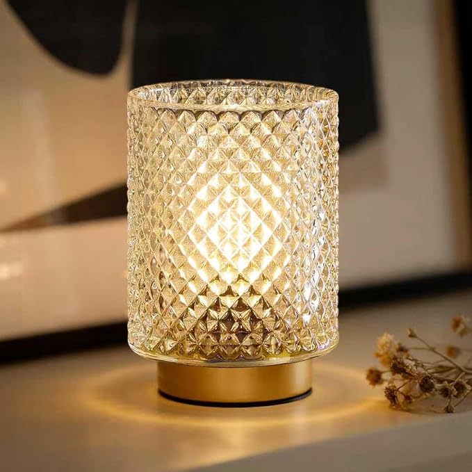 Battery Operated Lamp,Cordless Glass Accent Table Lamp with Timer for Bedside,Small Decorative Lamp with Warm White LED Bulb for Nightstand/Bookshelf/Entryway/Tabletop/Counter Decor(Iridescent Clear)