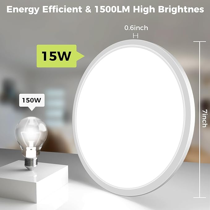 8Pack LED Flush Mount Ceiling Light Fixture, 7Inch 15W, Dimmable&3000K/3500K/4000K/5000K/6500K Adjustable Low Profile Ceiling Lights, 1500LM Round Lamp for Bathroom, Closet, Kitchen, Hallway, White
