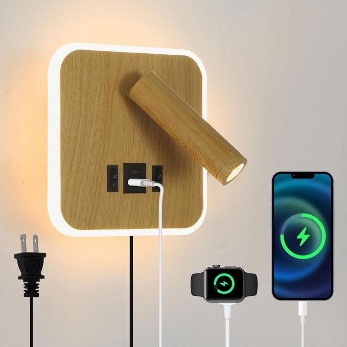 Wall Mounted Reading Lights with Plug in Wall Sconce&Hardwired | Wall Lamp for Bedroom With USB C+A Ports, Bedside Reading Lamp with 9W Night Light, Wood Color Reading Light Adjustable Angle