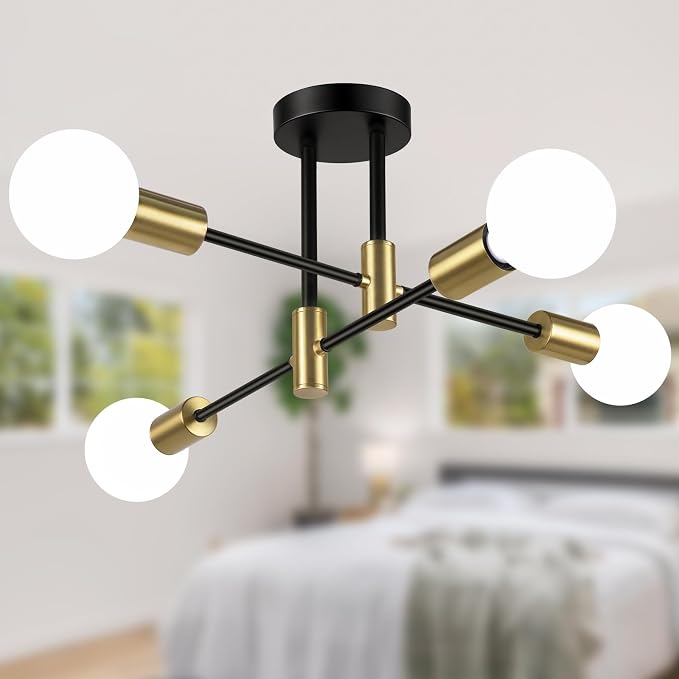 4-Light Modern Black and Gold Sputnik Chandelier | Industrial Semi Flush Mount Ceiling Light Fixture for Kitchen Dining Room Living Room Bedroom Foyer