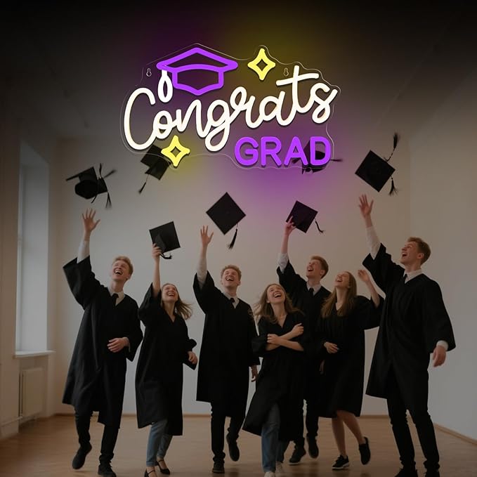 Congrats Grad Neon Sign with Cap - 16.93" x 10.63" Dimmable LED Graduation Light Up Signs Grad Light Sign for Class of 2026 Celebrations, Prom Party, Room Dorm Backdrop, Graduation Gift
