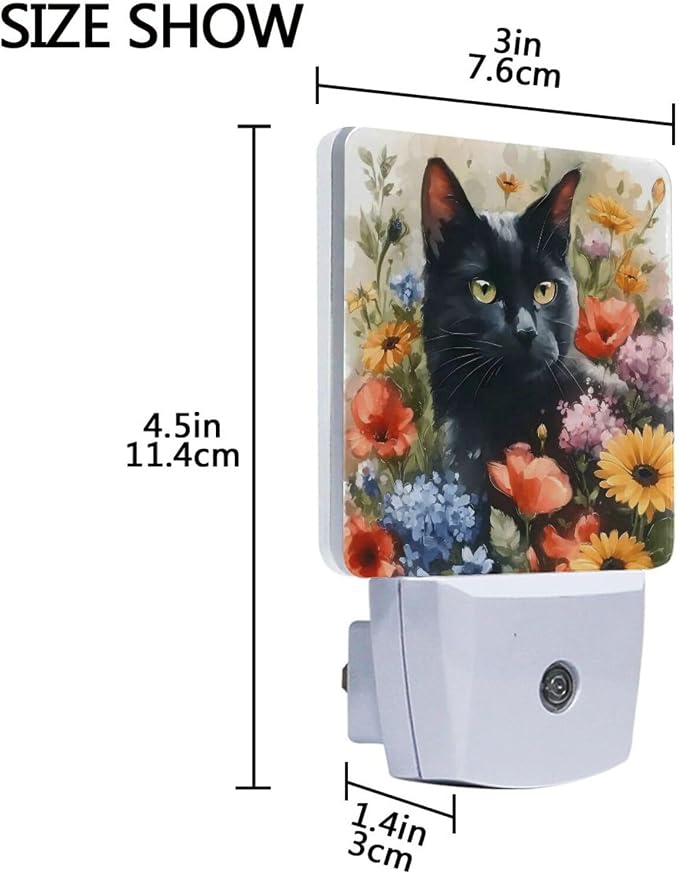Black Cat with Flower Night Light Dusk to Dawn Sensor LED Night Dimmable Nightlight Lights Plug into Wall for Living Room