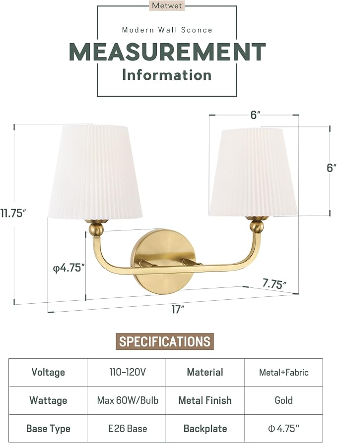 2-Light Brushed Gold Bathroom Vanity Light, Pleated Fabric Shade | 17" 2-light gold double wall sconce with white pleated fabric shades, E26 bulbs, hardwired, upward only, VL837-BG-Z-2