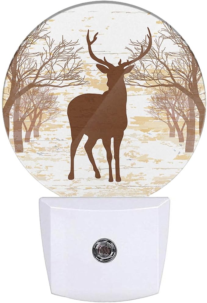 Deer Night Light Autumn Forest Wildlife Deer Maple Trees Night Lights Plug into Wall Auto on/Off LED for Bedroom Bathroom Staircase