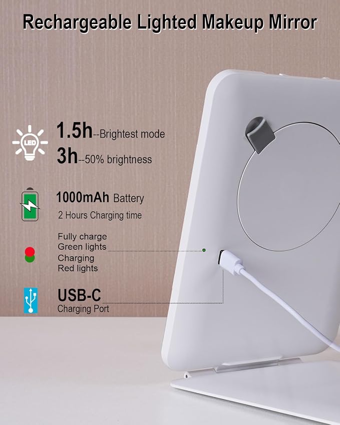 Rechargeable Travel Makeup Mirror with Light,7x5 inches Portable Lighted Vanity Mirror with Small 10X Magnifying, LED 3 Color Dimmable, Tabletop Folding Compact Mirror