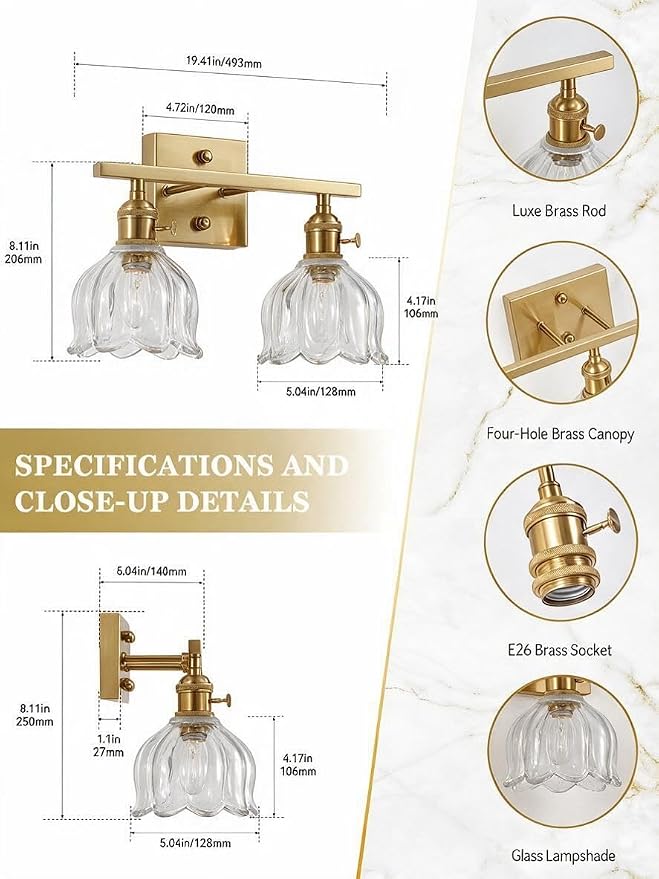 3-Light Vintage Bathroom Vanity Light, 19.4" Brass Hardwired Wall Sconce with Amber Tulip Glass Shades, Brushed Gold Vanity Light for Mirror, Restroom, Bedroom (Clear, 2-Light)