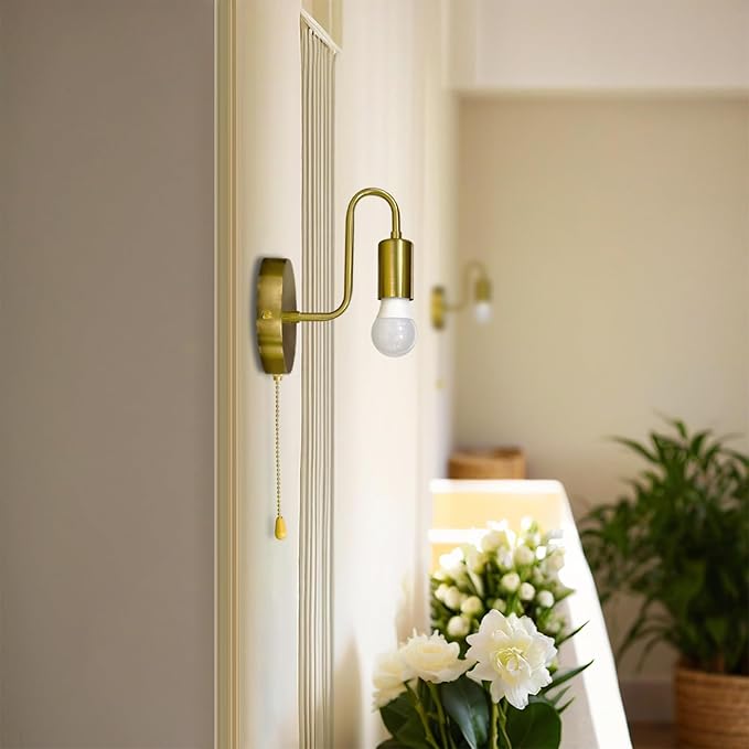 Pull Chain Wall Sconce Gold Small Vintage Wall Light Fixture with Switch Hardwired Retro Metal Sconces Lights E26 for Bedroom Hallway, No Bulb