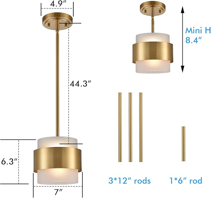 CLAXY Gold Pendant Lights mini Hanging Light Fixture with Frosted Glass Shade for Kitchen Island Dining Room Bar Restaurant, Rod Hanging Modern Pendant Light