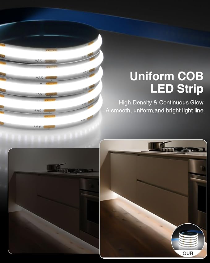 Aclorol 6FT USB LED Strip Lights for Bedroom 2 Pack Cold White 6000K | Dimmable Brightness, 5V COB LED Strip with Self-Adhesive, Flexible for Bedroom Kitchen Cabinet Mirror Staircase DIY Lighting