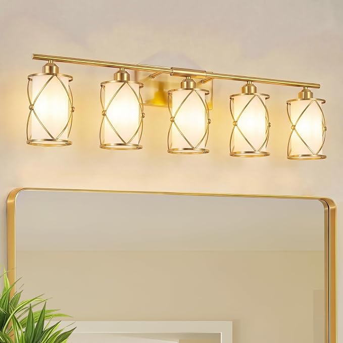 5-Light Brushed Gold Bathroom Light Fixtures Over Mirror, 38" UL-Listed Modern Wall Sconce Lights with Milk White Frosted Glass and Metal Cage for Bath, Hardwire E26, CH9176BGW-5W