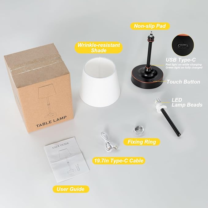 Kakanuo Rechargeable Cordless Table Lamp Antique Black - 1 Pack 4000mAh Battery Operated Lamp, 3000K Warm Light, Touch Control Stepless Dimming, for Bedside, Dining Table, Home Decor