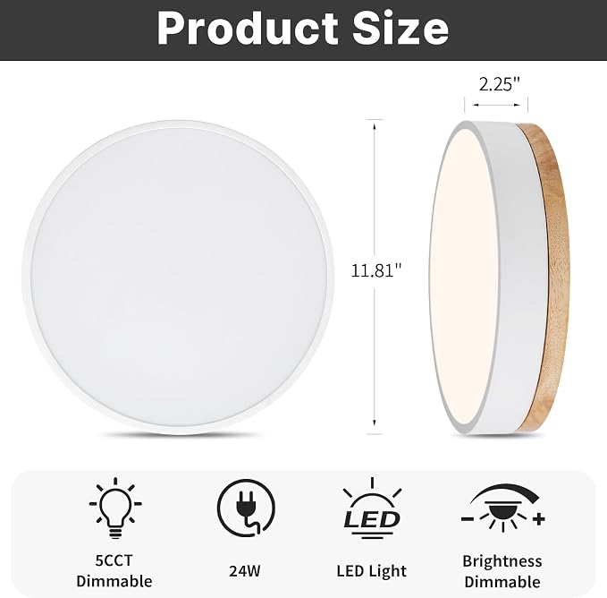 12" Minimalist White and Wood LED Flush Mount Ceiling Light Fixture | Natural Wood Accent, Integrated LED, 5CCT Before Installation, Slim Low-Profile Design, Minimalist Modern Style, Compact Size