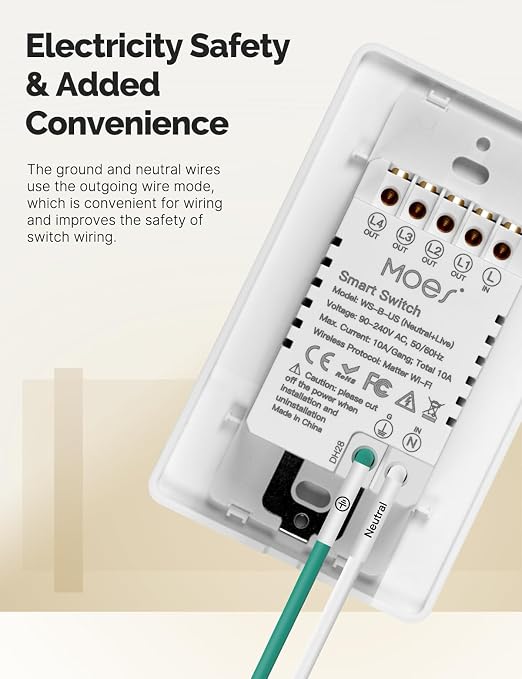 MOES Matter-WiFi Smart 1 Gang Switch, Neutral Required | Single Pole Light Switch, Compatible with Alexa Google Assistant, Remote Control