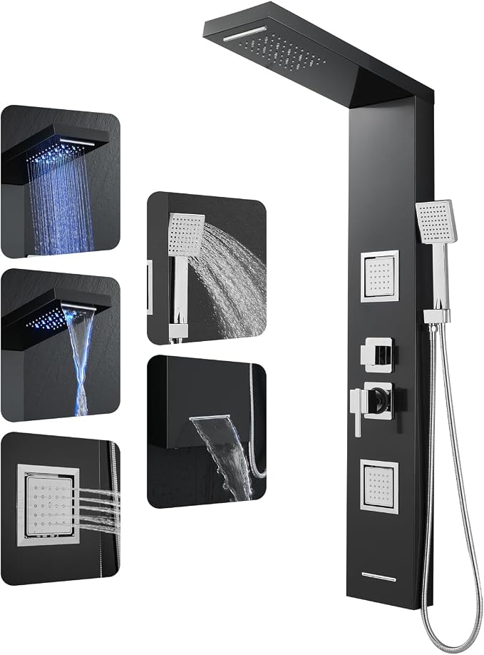 ROVOGO Shower Panel Tower System with Led Lights - Battery Powered, 46.5" | Rainfall Waterfall Shower Head, 2 Body Jets, Handheld and Tub Spout, Stainless Steel Shower Column with Brass Valves, Black