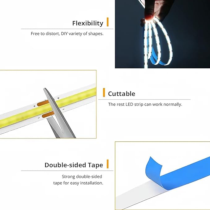 5V LED Strip Lights, White USB LED Light Strip, 6.56FT Dimmable Cob LED Strip Light, High Brightness Short LED Strip for Display Cabinet, Living Room, TV Lights