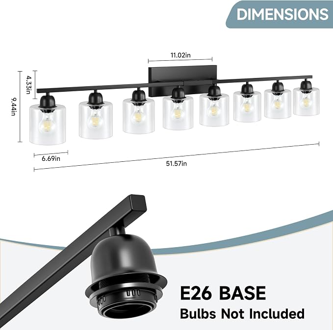 Modern 8 Light Bathroom Light Fixtures, 52 inch Vanity Lights for Bathroom with Clear Glass, Black Bathroom Light Fixture for Mirror Kitchen Living Room Hallway Cabinet Porch