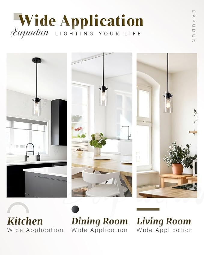 EAPUDUN Pendant Lights Kitchen Island (3 Pack), Clear Glass Shade Kitchen Lighting fixtures Ceiling Hanging, Black Pendant Lights for Kitchen Island,Dining Room,Corridor Bedroom E26 Base