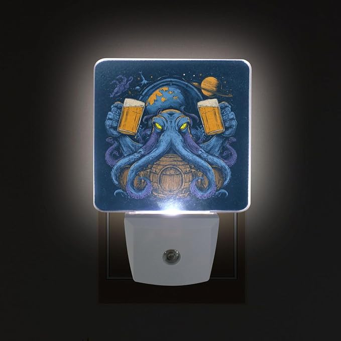 Blue Octopus Holding Beer Night Light Dusk to Dawn Sensor LED Night Dimmable Nightlight Lights Plug into Wall for Living Room