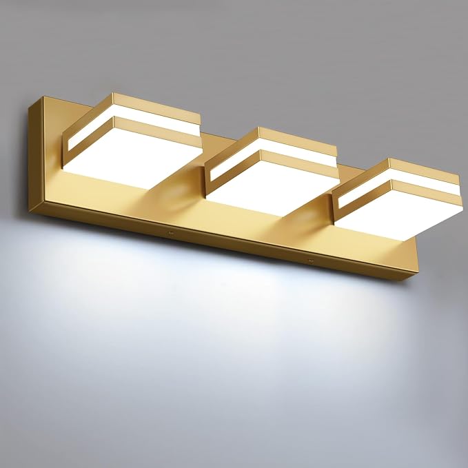 IZORRO LED Modern Bathroom Lights Fixtures(3-Light,Dimmable,360°Rotate),Brushed Glod Acrylic Wall Lighting,Vanity Lights for Bathroom Over Mirror - 6000k 16In （No Assembly Required）