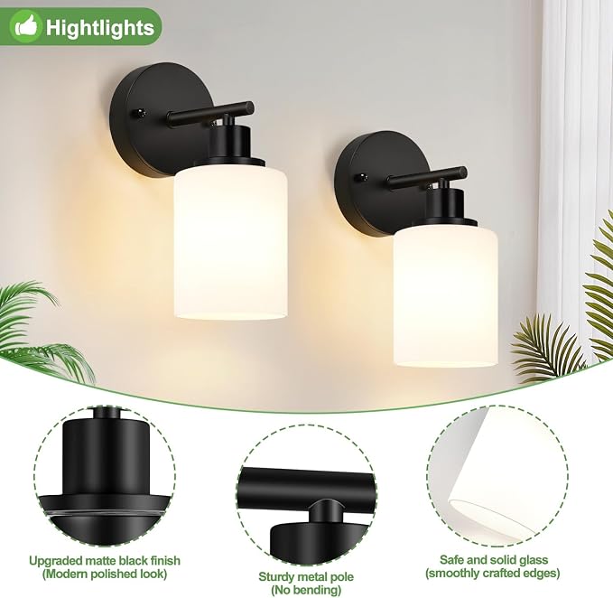 Set of 2 Wall Sconces for Bathroom,Black Modern Vanity Lights with Milky White Frosted Glass Shades,Bathroom Wall Lamp, for Bathroom, for Mirror, Living Room, Kitchen, Hallway, Cabinet, Porch