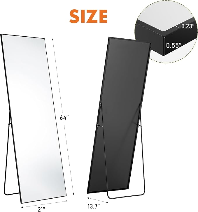 DUMOS Full Length Mirror 64"x21" Full Body Floor Mirrors for Bedroom or Cloakroom, Can Stand Alone, Hang or Lean Against Wall, Tall Wall Mirror with Stand, Black