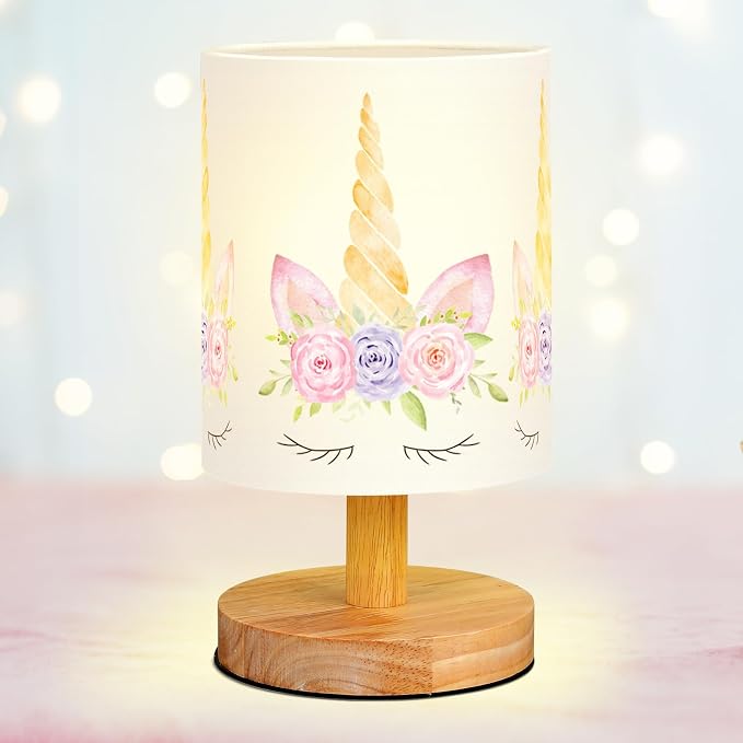 Unicorn Kids Table Lamp for Bedroom Kids Bedside Lamp with Linen Wooden Nightstand Cartoon Nursery Lampshade for Girls Boys Living Room