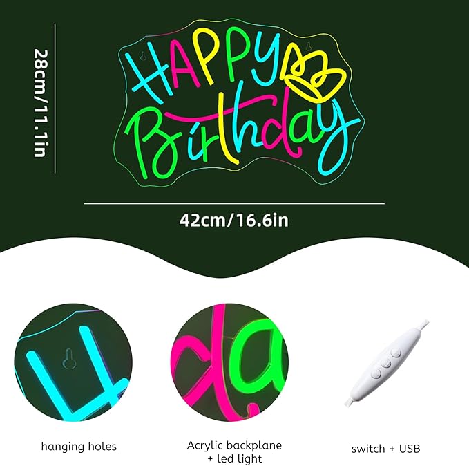 WLHOPE Happy Birthday Neon Sign Led Lights for Party Wall Decor Transparent Acrylic Board Light Signs for Club Children Friends Gift Decoration