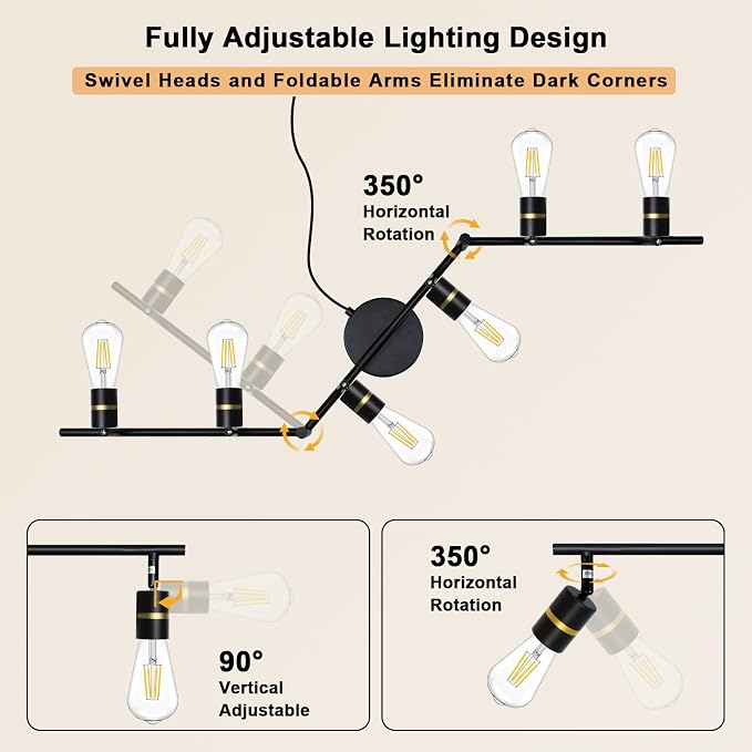 HiBay 6-Light Plug in Track Lighting, Rotatable Spotlight, Black Gold, E26 | Adjustable 6 heads ceiling fixture for a living room or open space, plug-in cord with on/off switch, no wiring, excl bulb