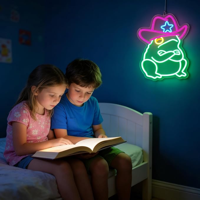 Cowboy Frog Neon Sign Green Toad LED Light Wall Decor for Man Cave Room | Dimmable Western Cowboy Toad Neon Sign Funny Decor for Frog and Toad Lover Gaming Room Bedroom Pub Bar Unique Gift Idea