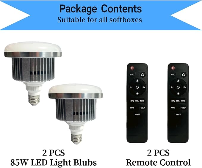 2 Pack 85W LED Soft Box Light, Photography Light Bulb 2700-6500K Remote Control Dimmable Color Temperatur, E27 Lights Photography Photo Video Studio Lighting
