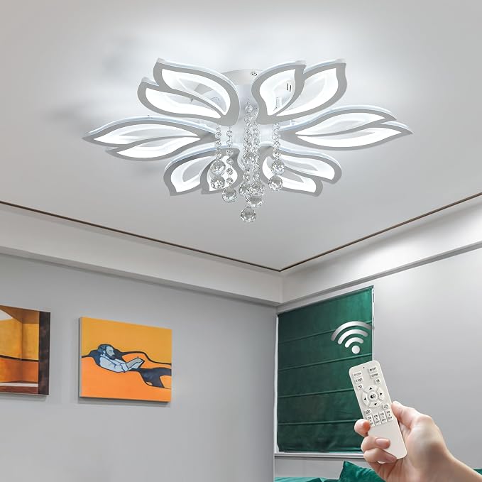 Garwarm 26" Modern LED Ceiling Light Fixture, Dimmable Crystal Flush Mount | Flower Ceiling Light with Remote Control, Adjustable Color Temperature 3000K-6500K, Crystal LED Lamp for Bedroom Living Room