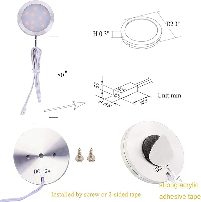 AIBOO 12V LED Under Cabinet Puck Lights Plug in, with Manual Switch, Single Puck LED Light for Closet,Counter,Showcase,12Vdc Low Voltage Wall Plug (Daylight White)