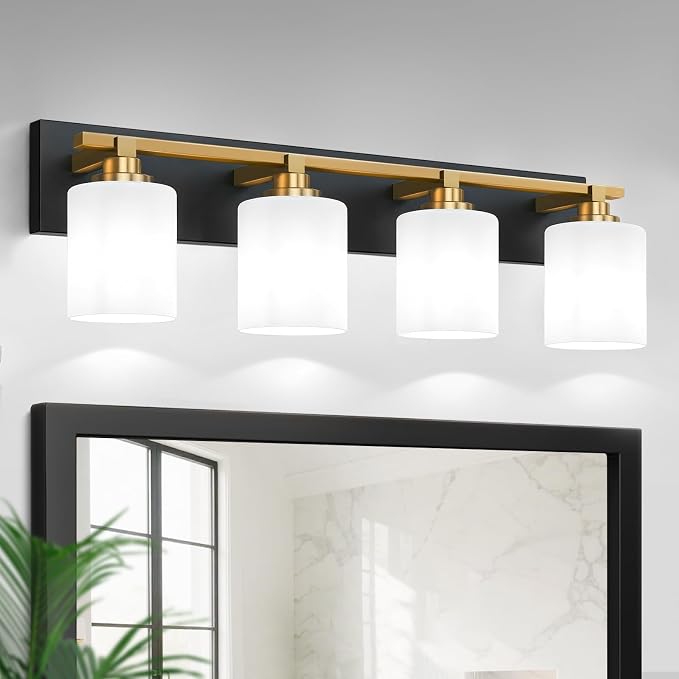 Black and Gold Bathroom Light Fixture, Modern 4 Light Vanity Lights for Bathroom Lighting Fixtures Over Mirror, White Glass Lampshade, Master & Guest bathrooms Bathroom Remodel, 27.5-inch