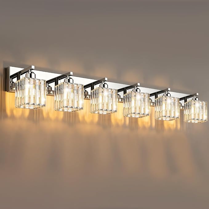 Brushed Chrome Crystal Bathroom Vanity Light, 6-Light Modern Bathroom Lighting Fixtures Over Mirror,Chrome Wall Sconce Light Fixtures with Square Shade