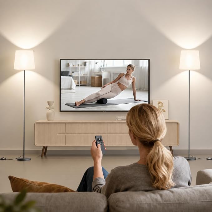 Dimmable Floor Lamp with Linen Shade for Living Room | Dimmable LED Standing Lamp with Remote & Foot Switch, Modern Floor Reading Light for Bedroom Office Corner