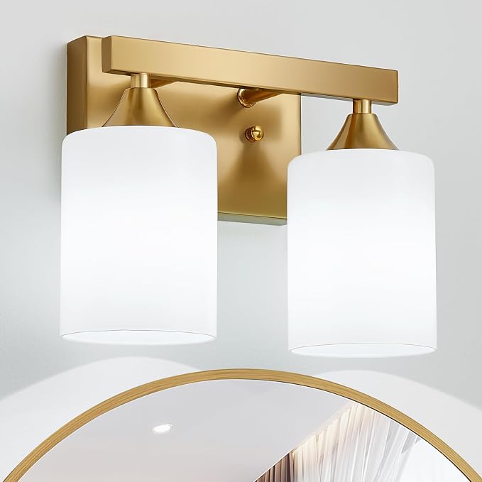 ZHU YAN 2 Light Vanity Lights for Bathroom,Gold Bathroom Vanity Light,Milky White Glass Shades,Modern Bathroom Wall Lamp for Mirror Living Room Bedroom E26 Socket