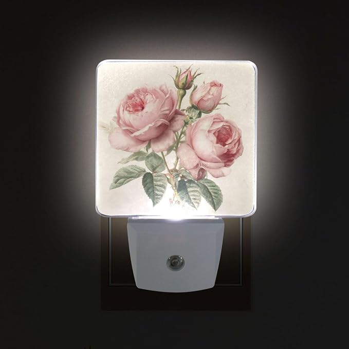 Pink Roses Vintage Night Light Dusk to Dawn Sensor LED Night Dimmable Nightlight Lights Plug into Wall for Living Room